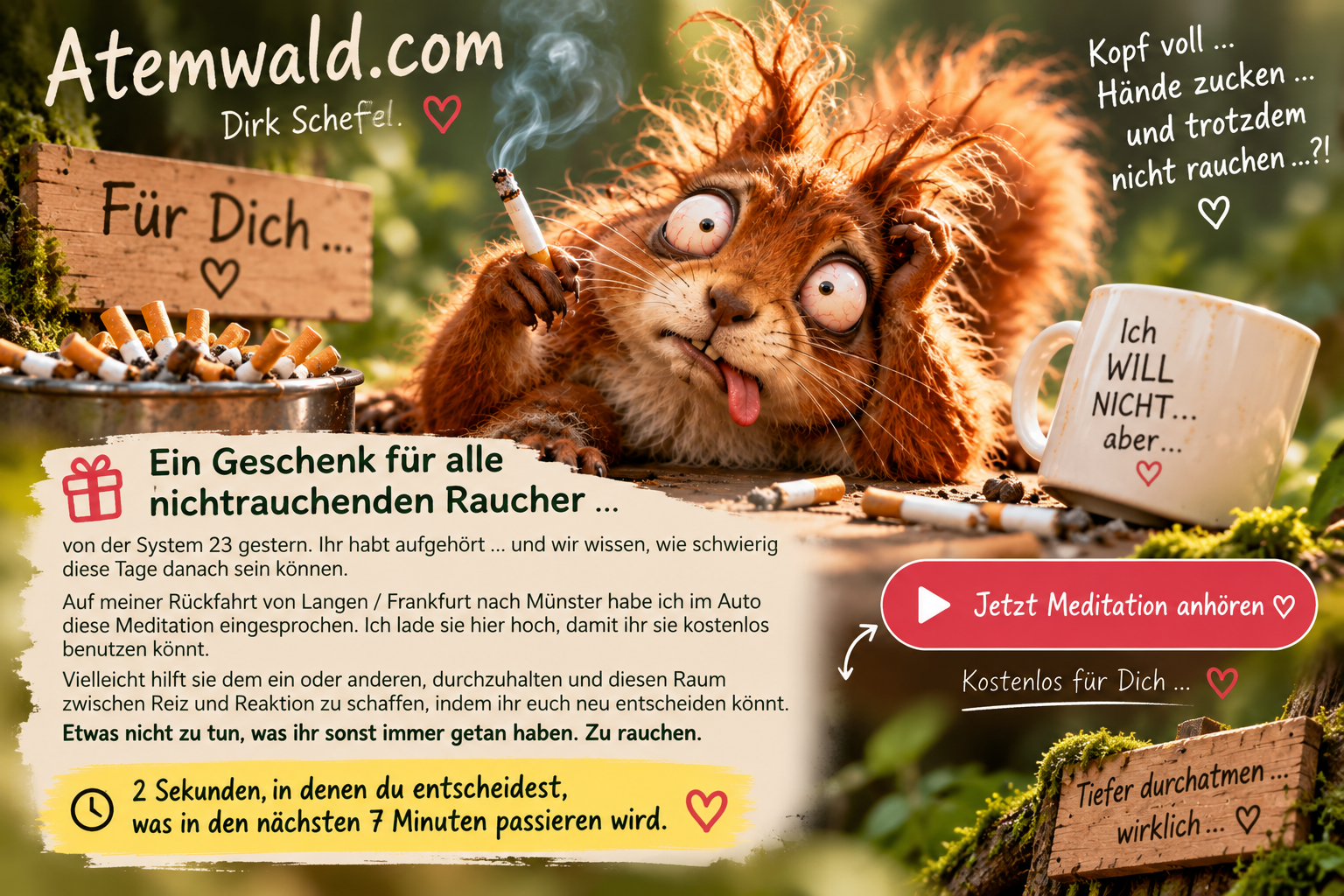 Ein ziemlich fertiges Eichhörnchen zwischen Zigarettenstummeln als humorvolles Bild für den Moment, in dem ein Nichtraucher plötzlich wieder rauchen möchte.